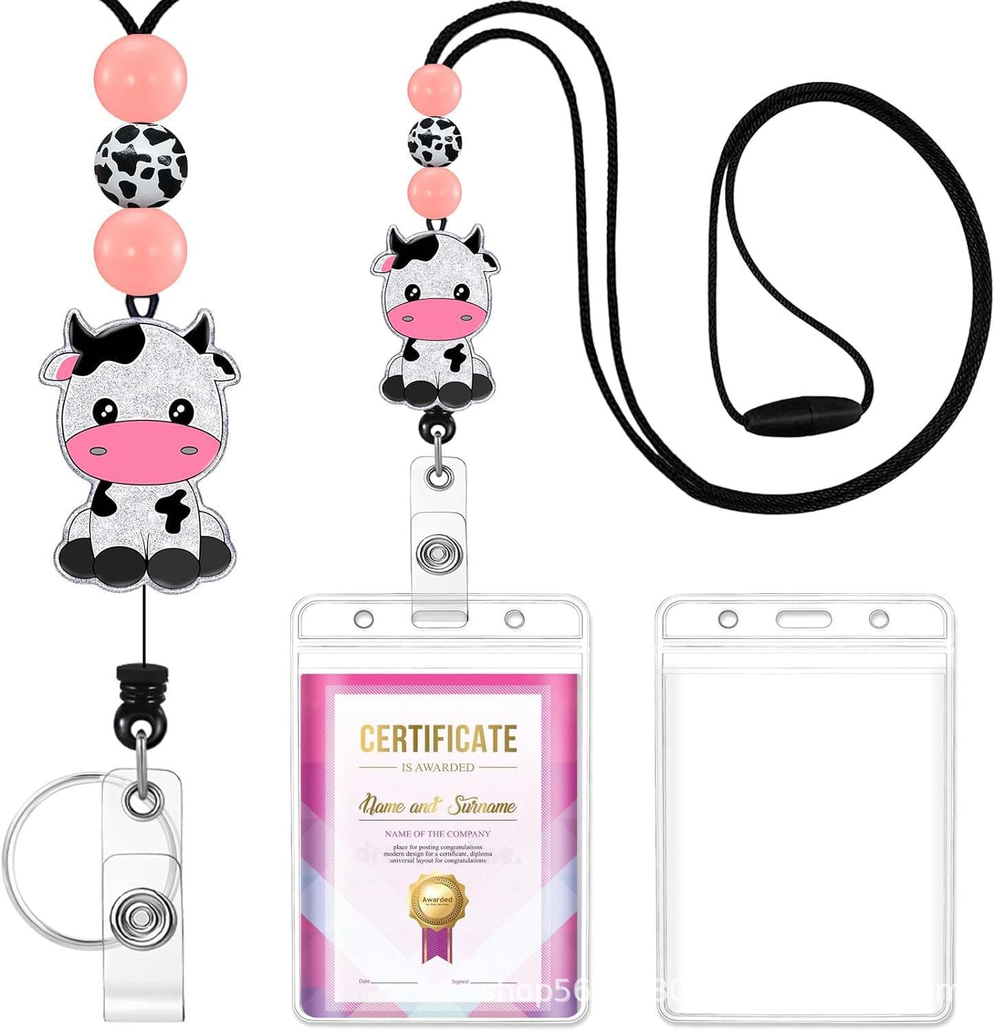 Wholesale Badge Reels Cow Leopard Print West Highland Cow Rainbow Sunflower Card Holder Silicone Beaded Lanyard Retractable Keychain